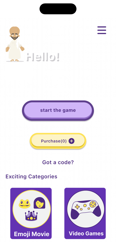 فكر فيها (Faker Feha) - Menu principale dell'app di quiz Faker Feha che mostra le opzioni di categoria per Emoji Movie e Videogiochi con un pulsante per avviare la partita.