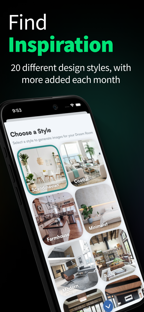 AI Room Design: Dream House - Mobile app interface showing various interior design styles for home inspiration