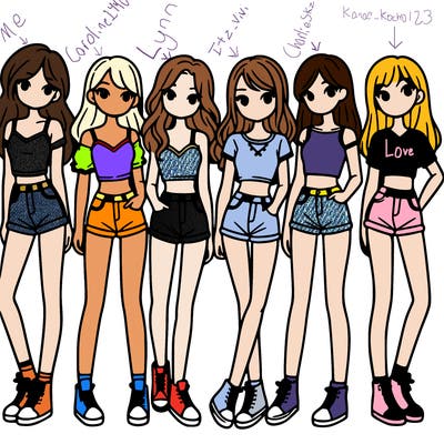 a group of girls wearing crop tops and shorts