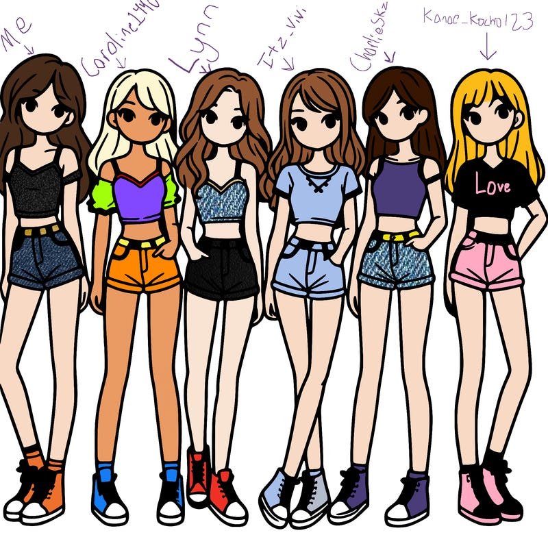 a group of girls wearing crop tops and shorts