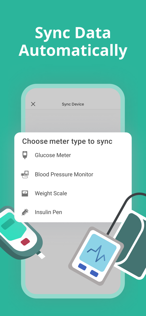 Health2Sync app interface showing options to automatically sync medical devices like glucose meters and blood pressure monitors.