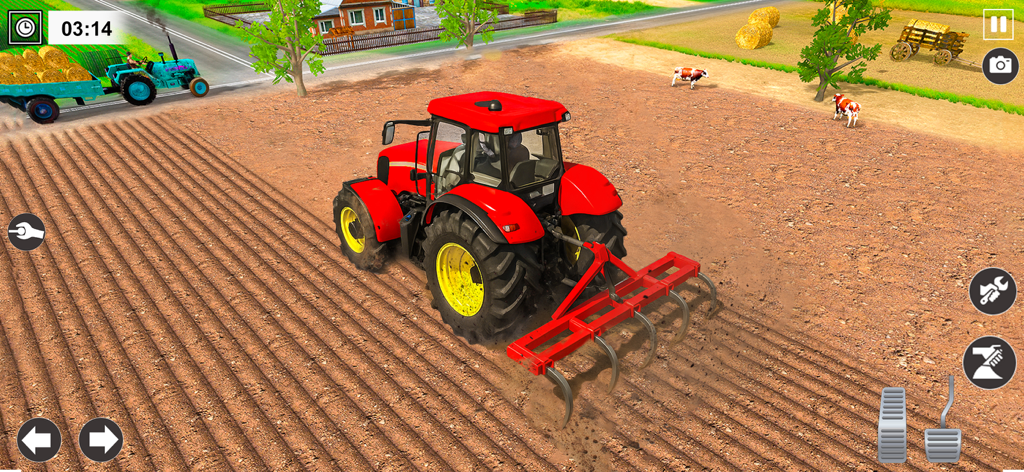 Un tractor rojo cultivando un campo en un simulador de cosecha de granjas.