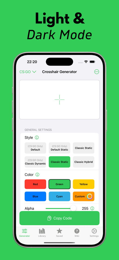 Mobile interface of Custom Crosshair Aimiks v2 showing customization settings for style color and alpha in light mode