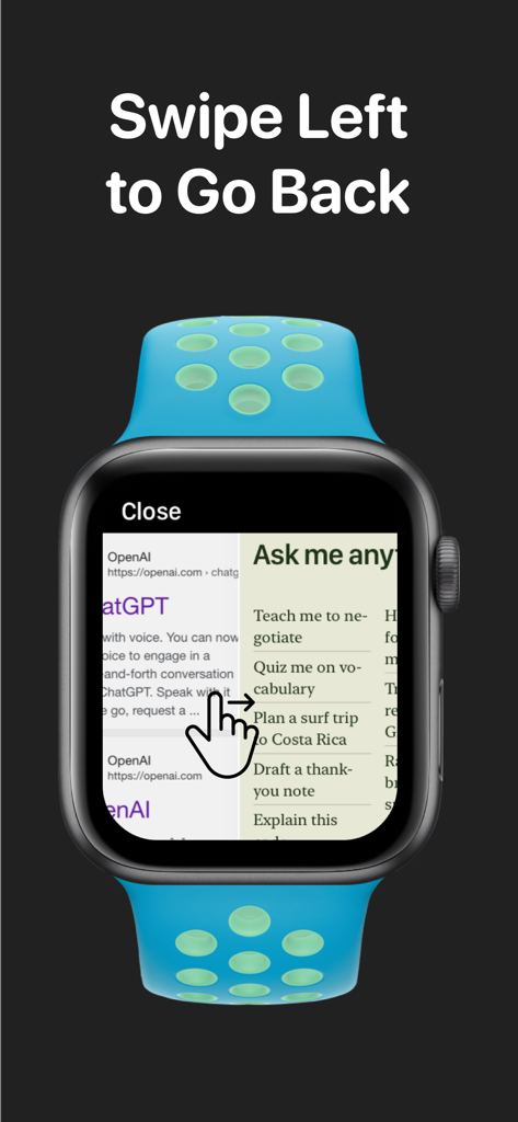 UBrowser: Watch Web Browser - An Apple Watch showing the swipe left gesture to go back in the UBrowser app
