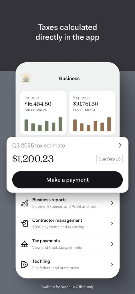 Found app dashboard showing quarterly tax estimate and business income tracking