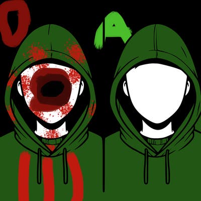 a person with a hoodie and no face, the drawing is split in 2