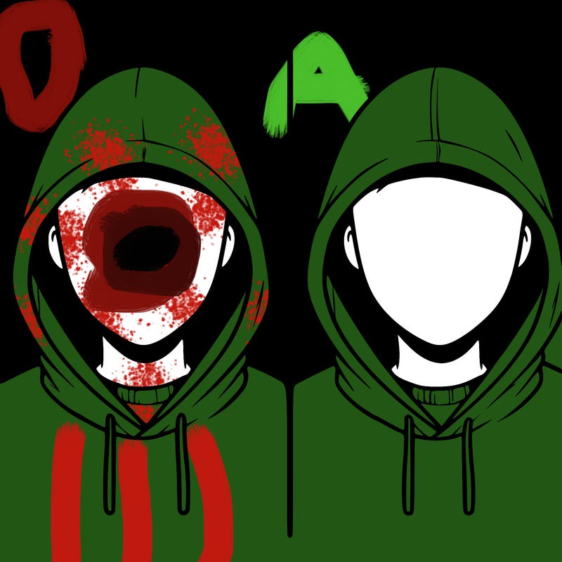 a person with a hoodie and no face, the drawing is split in 2