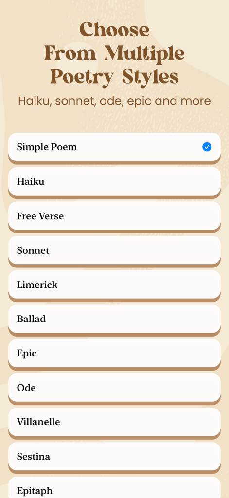 Oberfläche der KI-Gedichtgenerator-App, die ein Menü zur Auswahl von Gedichtstilen wie Haiku, Sonett und Freier Vers zeigt.