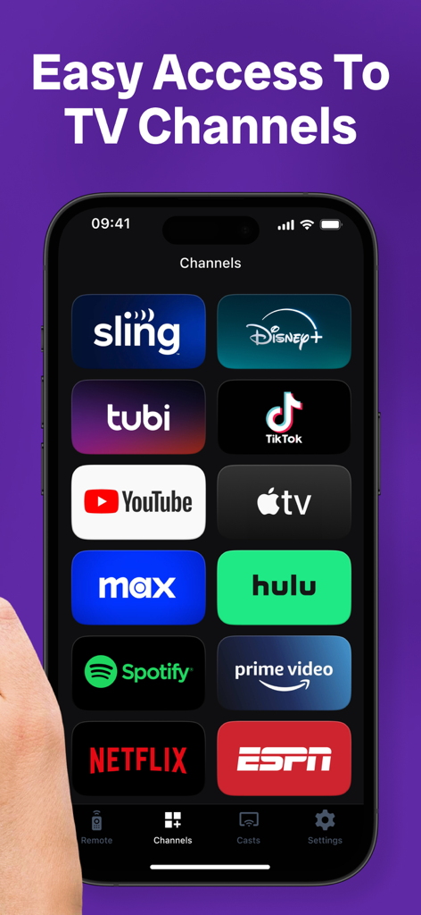 A smartphone screen showing the TV Remote app with icons for popular streaming services like Netflix, Hulu, and Disney plus.