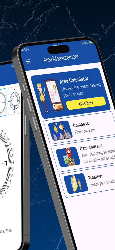 Panel de control de la aplicación Calculadora de Área GPS que muestra las funciones de medición de área, brújula y cámara geo