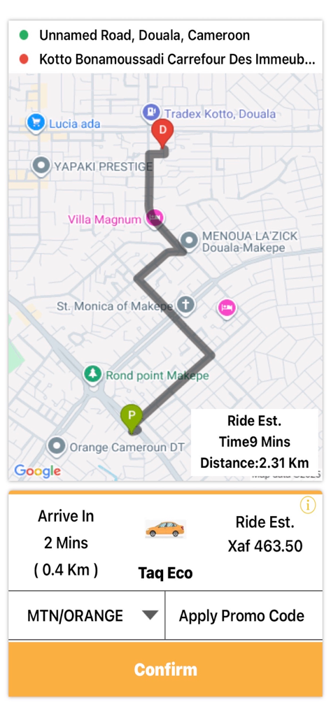 TaQ User app ride booking screen showing map route and estimated fare