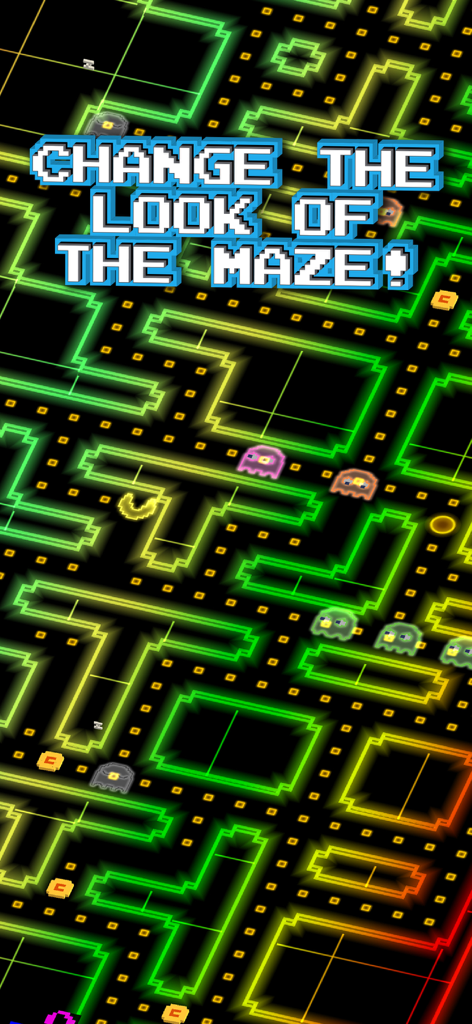 PAC-MAN 256 - Arcade Run - Neon glow maze theme in Pac-Man 256 with the text Change the look of the maze