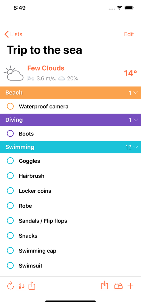 Packliste für eine Seereise in der ToPack App mit Kategorien wie Strand, Tauchen und Schwimmen mit lokalen Wetterinformationen.