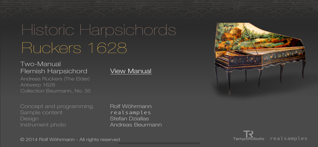 Écran d'introduction de l'application Ruckers 1628 Harpsichord affichant un instrument flamand historique et des crédits de développement