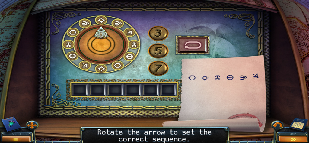 A logic puzzle in New York Mysteries 3 featuring a rotating symbol dial and a code sequence on a piece of paper.