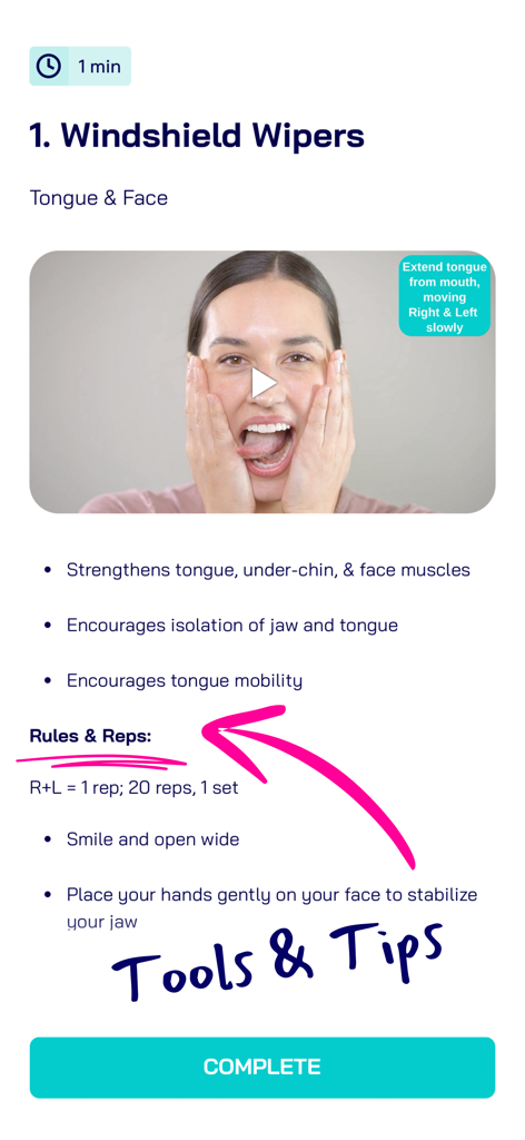 Myo DIY - Myo DIY app interface showing instructions and a video tutorial for a myofunctional exercise called Windshield Wipers