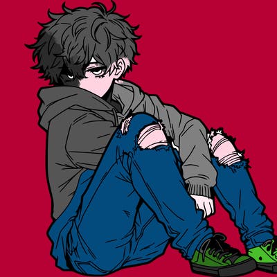 a male hoddie ripped jeans messy hair anime