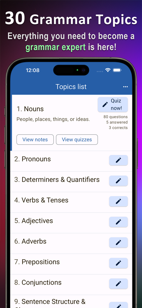 English Grammar Expert AI - English Grammar Expert AI app interface showing a comprehensive list of thirty grammar topics such as nouns and verbs