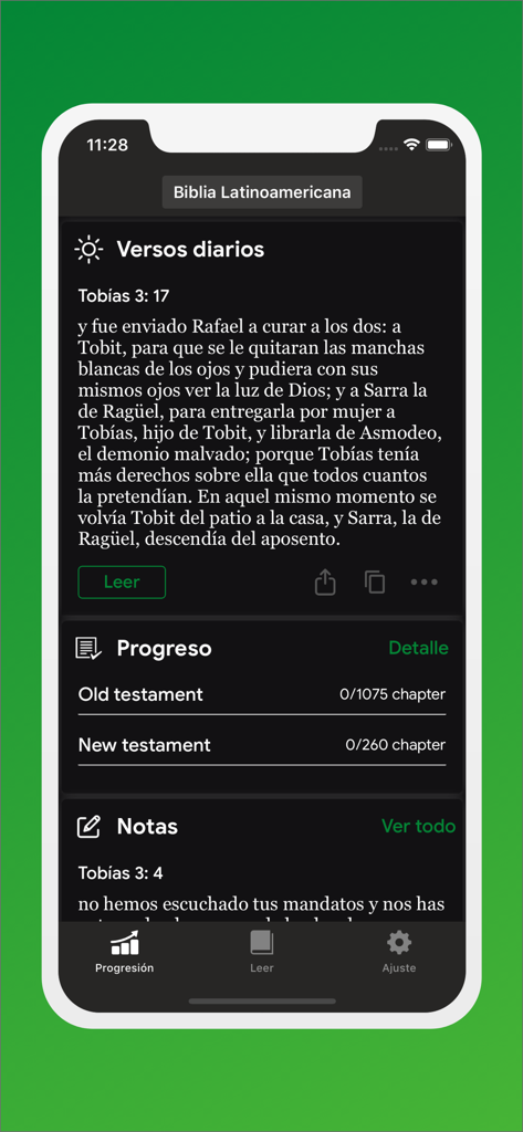 La Biblia de Jerusalen - O aplicativo La Biblia de Jerusalen exibindo versículos bíblicos diários e acompanhamento do progresso de leitura