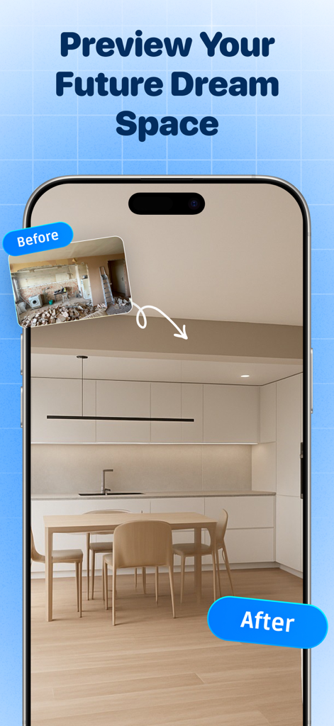 Comparação antes e depois de uma reforma de cozinha usando o aplicativo de design de interiores com IA