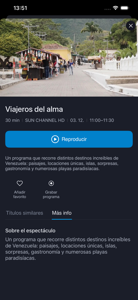 Movistar GO - Interfaz de la aplicación Movistar GO que muestra detalles de un programa de viajes que incluye un botón de reproducción y opciones de grabación