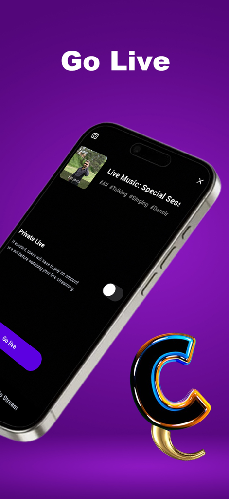 Interface da app TicTic mostrando opções para iniciar uma sessão de transmissão ao vivo