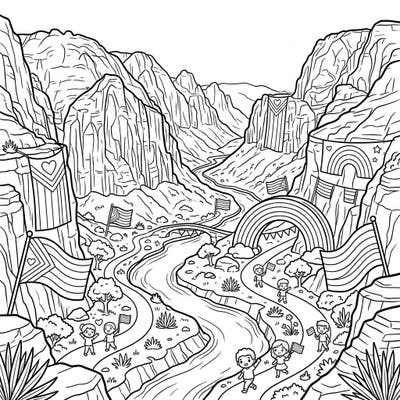 Journey into a spectacular box canyon transformed into a vibrant celebration of Pride Month, specially designed for kids. This engaging coloring page features playful rainbows, flags, and happy children exploring a landscape of towering cliffs.