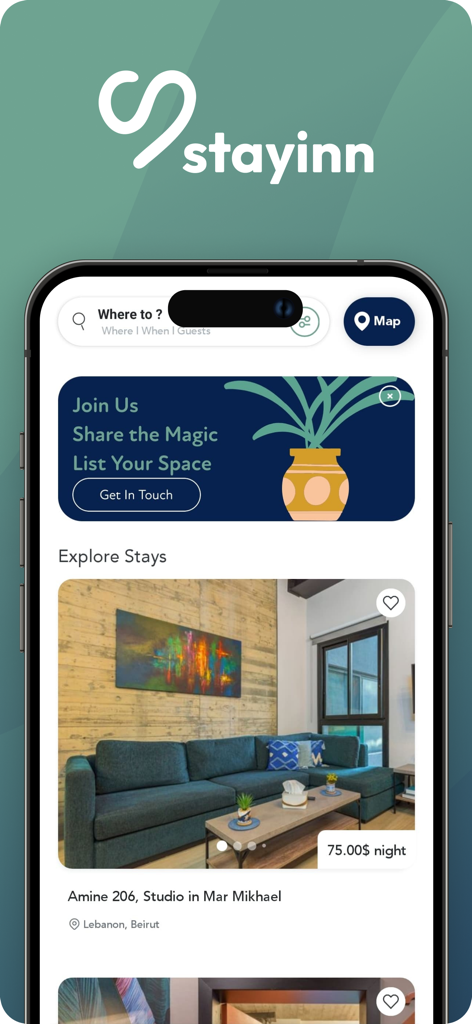Stayinn: You have a home here - 레바논 마르 미카엘의 스튜디오 아파트 목록을 보여주는 Stayinn 모바일 앱 인터페이스