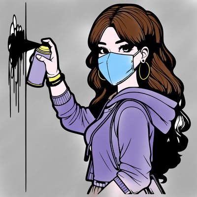realistic girl with mask spray painting a wall