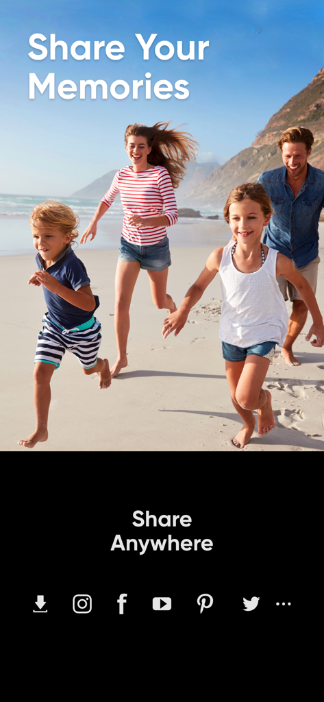 Slideshow Maker w Music - A family running on a beach with icons for sharing photo slideshows on social media platforms like Instagram and Facebook.
