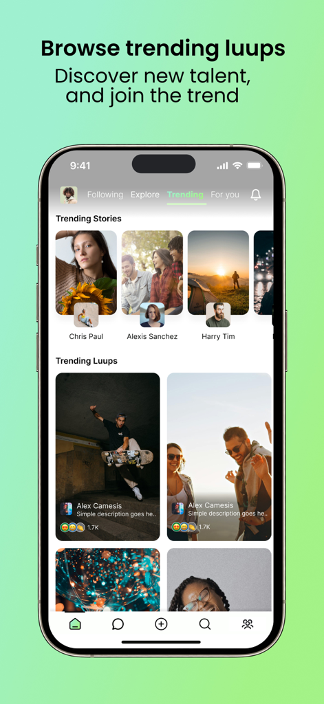 Luupli app trending screen featuring user stories and trending luups posts