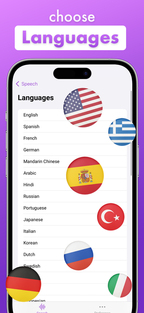 T2S - Voice Changer - Una pantalla de aplicación móvil que muestra una lista de idiomas compatibles para texto a voz con varias banderas nacionales.
