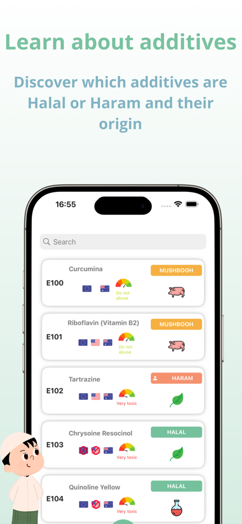Find Halal food, Scanner Haram - Tela do aplicativo TagHalal exibindo uma lista de aditivos alimentares com seus status Halal Haram ou Mushbooh e níveis de toxicidade