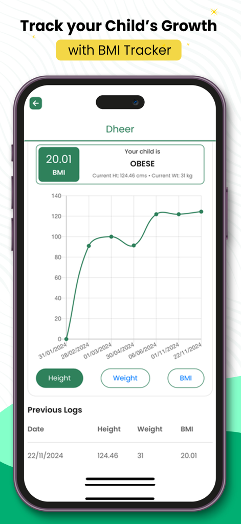 Little Joys: Kids Health App - Mobile screen displaying a child BMI tracker and growth chart in the Little Joys health app.