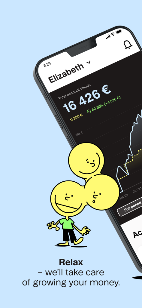 Finax: Invest Money in ETFs - Finaxアプリのインターフェース。投資残高と成長、漫画のマスコットが表示されています。