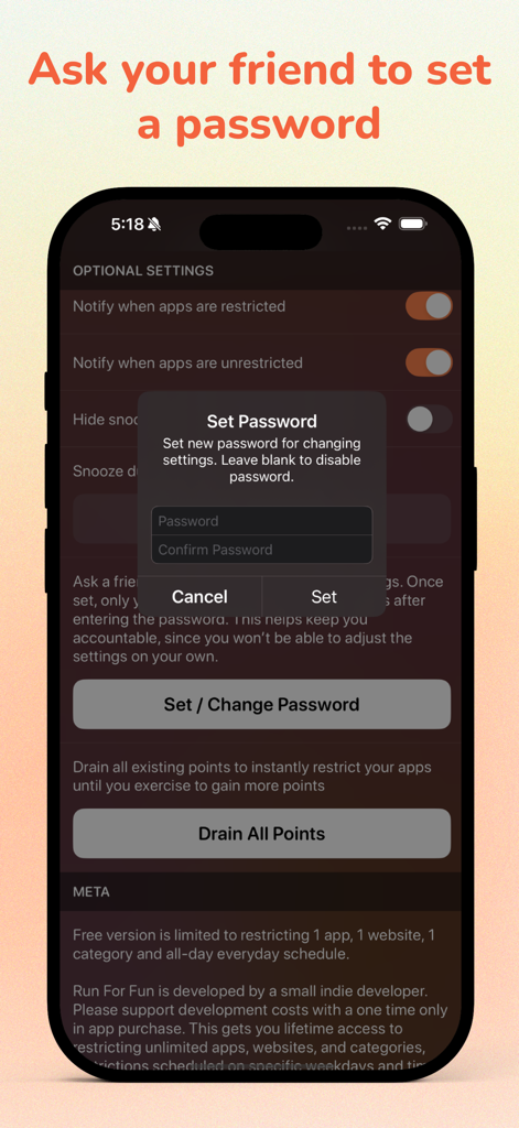 Run For Fun: Screen Time Focus - Una pantalla móvil que muestra la configuración de la aplicación Run For Fun para que un amigo cree una contraseña de responsabilidad.