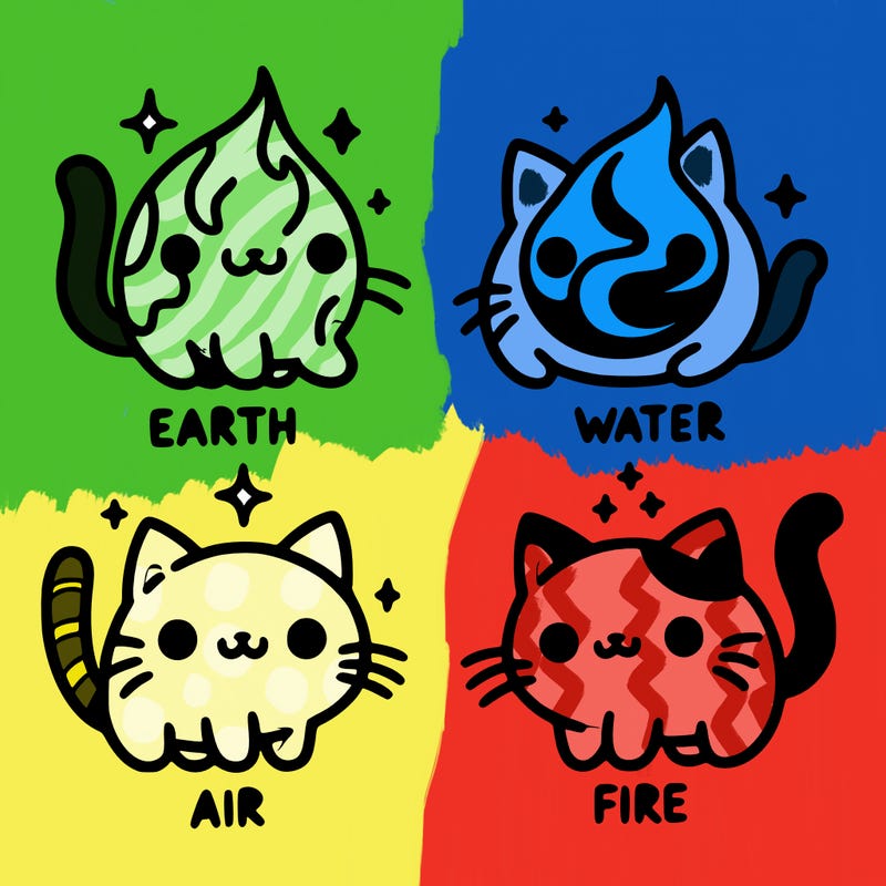 4 cats that represent the different elements, earth, water, air, and fire