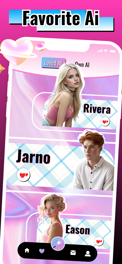 Interface do aplicativo Cuink exibindo uma lista de parceiros de IA favoritos com imagens de perfil.