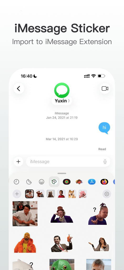 StickerX - Sticker Maker - A screenshot showing custom meme stickers being used within the iMessage extension keyboard.