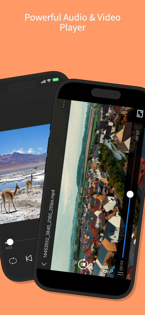 Screenshot of iFolder app displaying its powerful integrated audio and video player on mobile devices.