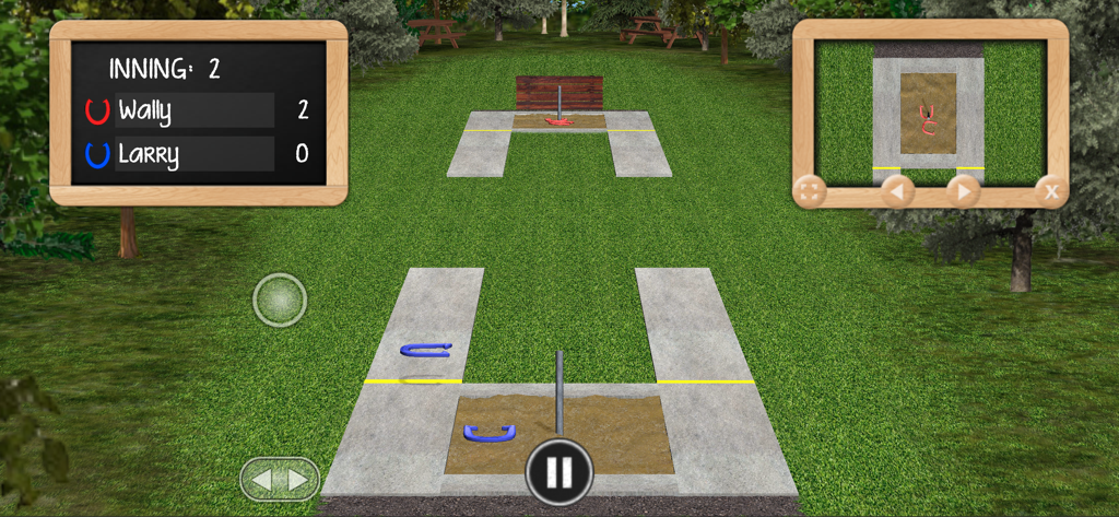 Horseshoe Pitch-A-Rama - Gameplay screenshot of Horseshoe Pitch-A-Rama showing a regulation court with a scoreboard and top-down view in a park setting.