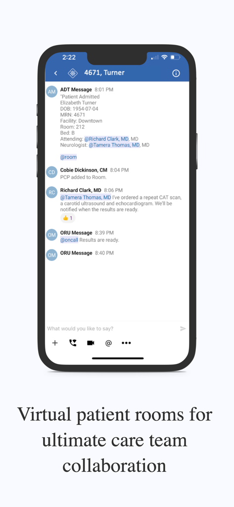 Backline+ - Screenshot of Backline plus app showing a secure virtual patient room with chat messages between doctors and nurses regarding a patient's admission and test results.
