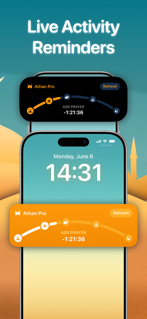 Prayer Times - Athan Pro - Athan Pro app displaying prayer time live activity reminders and widgets on an iPhone.