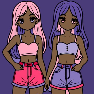 two sisters with crop tops and jean shorts and straight hair