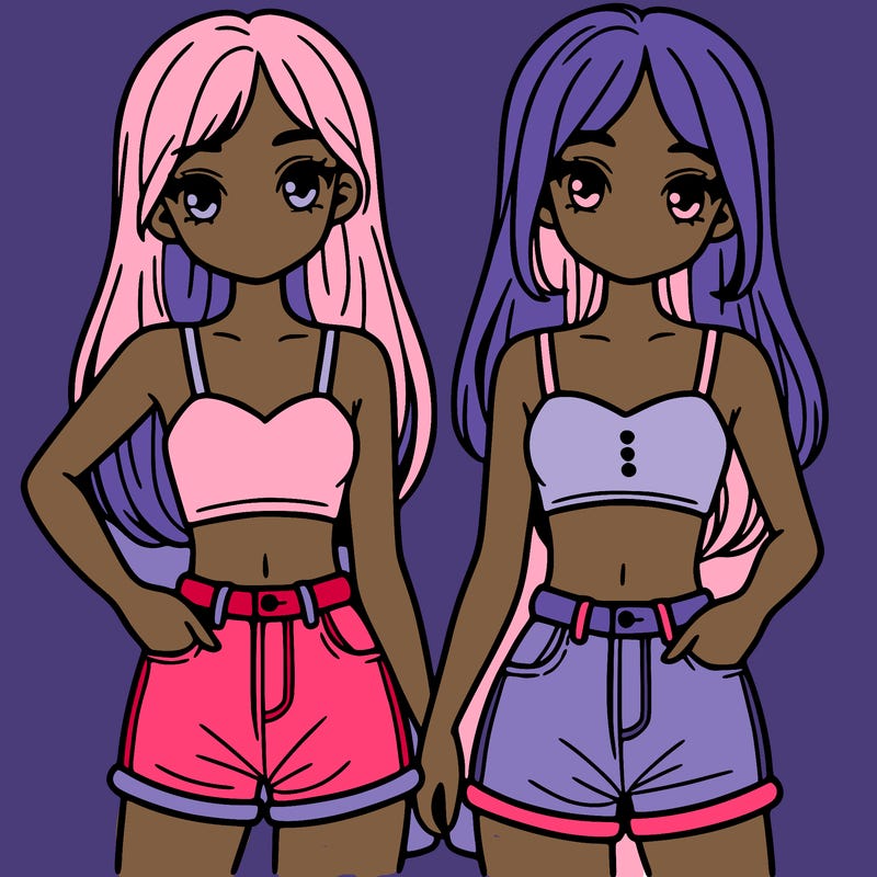 two sisters with crop tops and jean shorts and straight hair