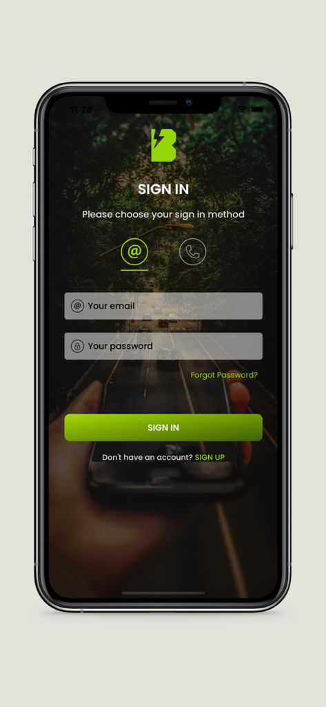 Schermata di accesso dell'app Bateriku con campi di login