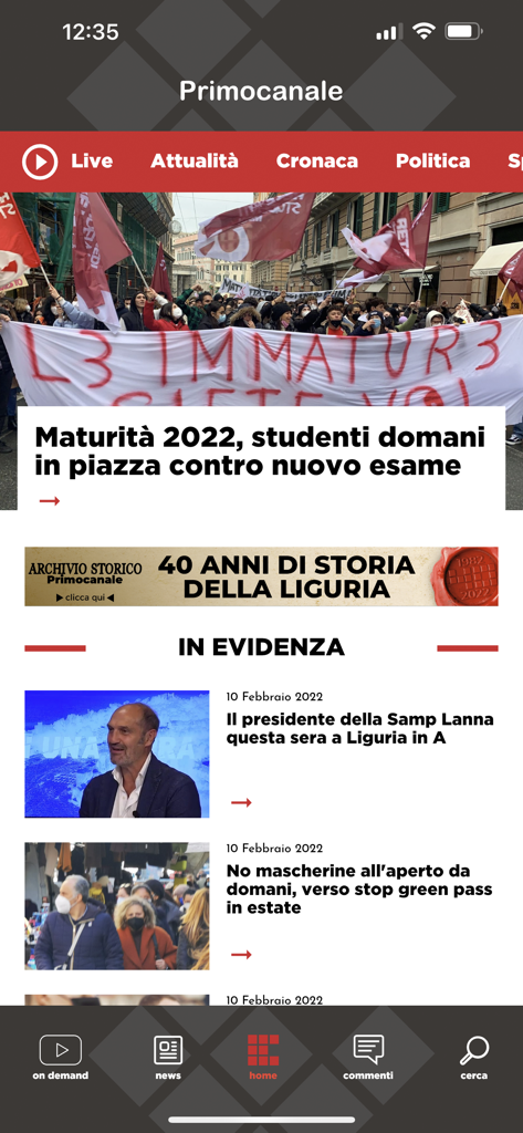 Primocanale.it - Startbildschirm der Primocanale-Nachrichten-App mit regionalen Nachrichten-Schlagzeilen und Kategorien für Ligurien, Italien