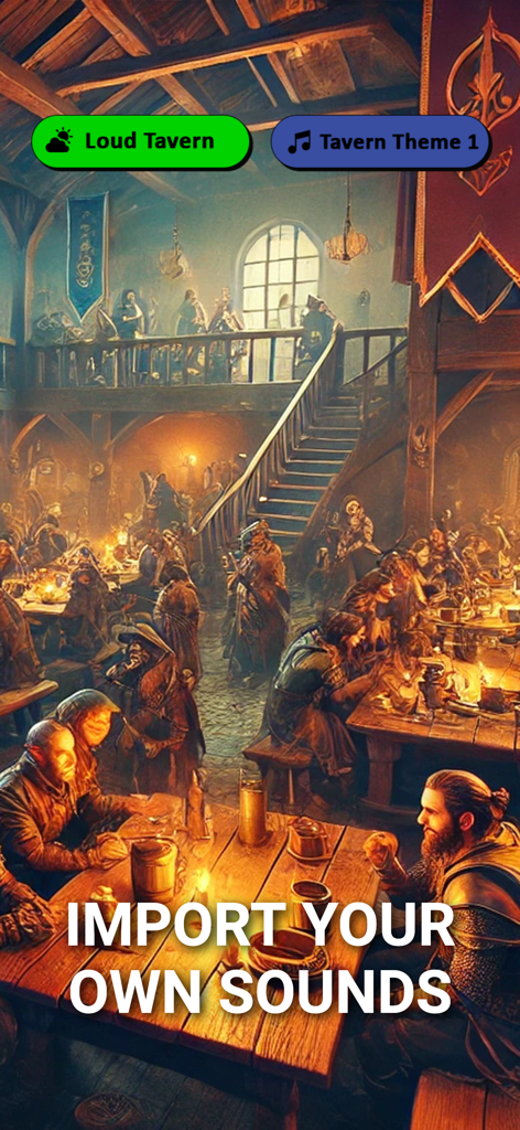 Fantasy tavern illustration with an overlay text saying import your own sounds for tabletop RPG gaming