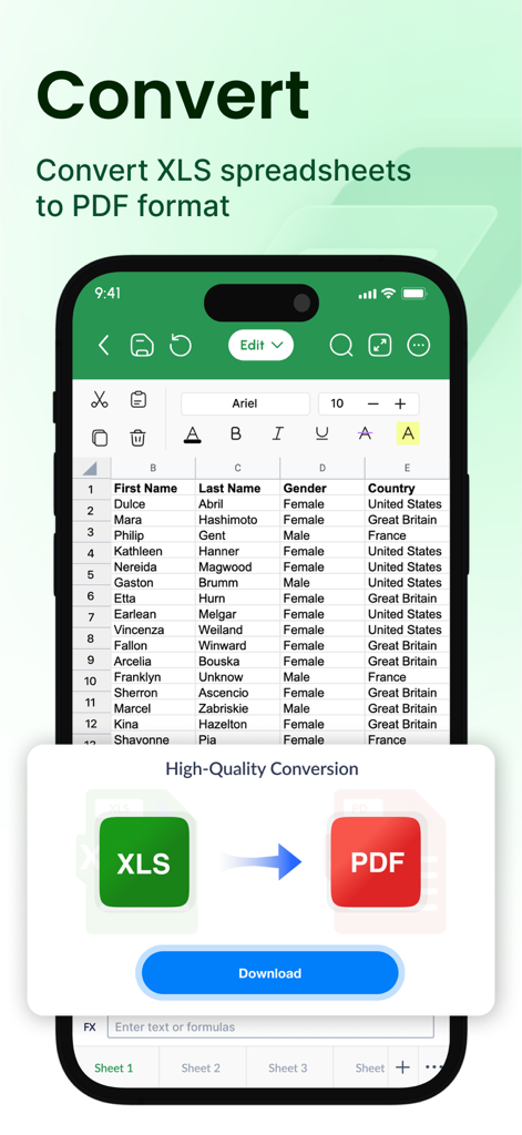 XLSX Sheets: Edit Spreadsheet - モバイルアプリのインターフェース。Excel表計算からPDFドキュメントへの変換が表示されています。