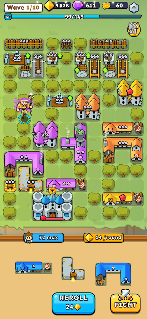 Fortress Merge - Pantalla de juego de Fortress Merge mostrando la colocación de edificios en una cuadrícula estratégica para defensa de torres.